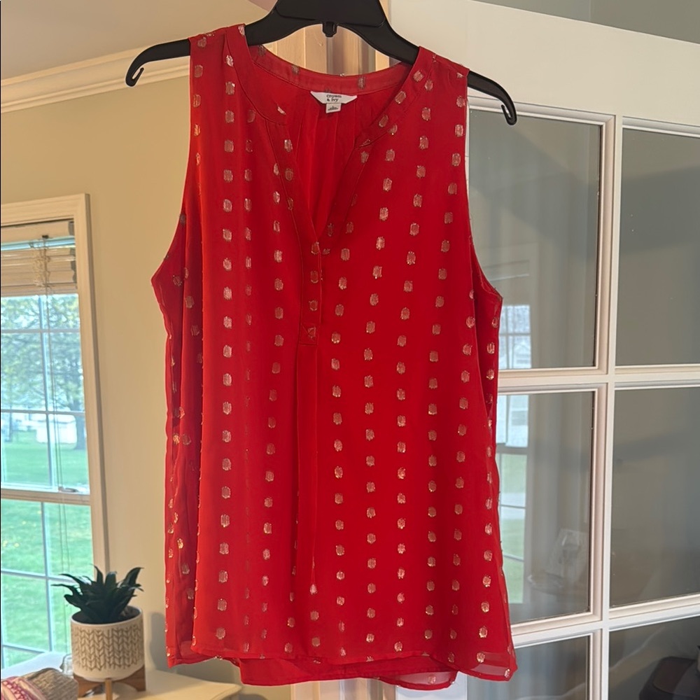 Red Sleeveless Top with Gold Accents